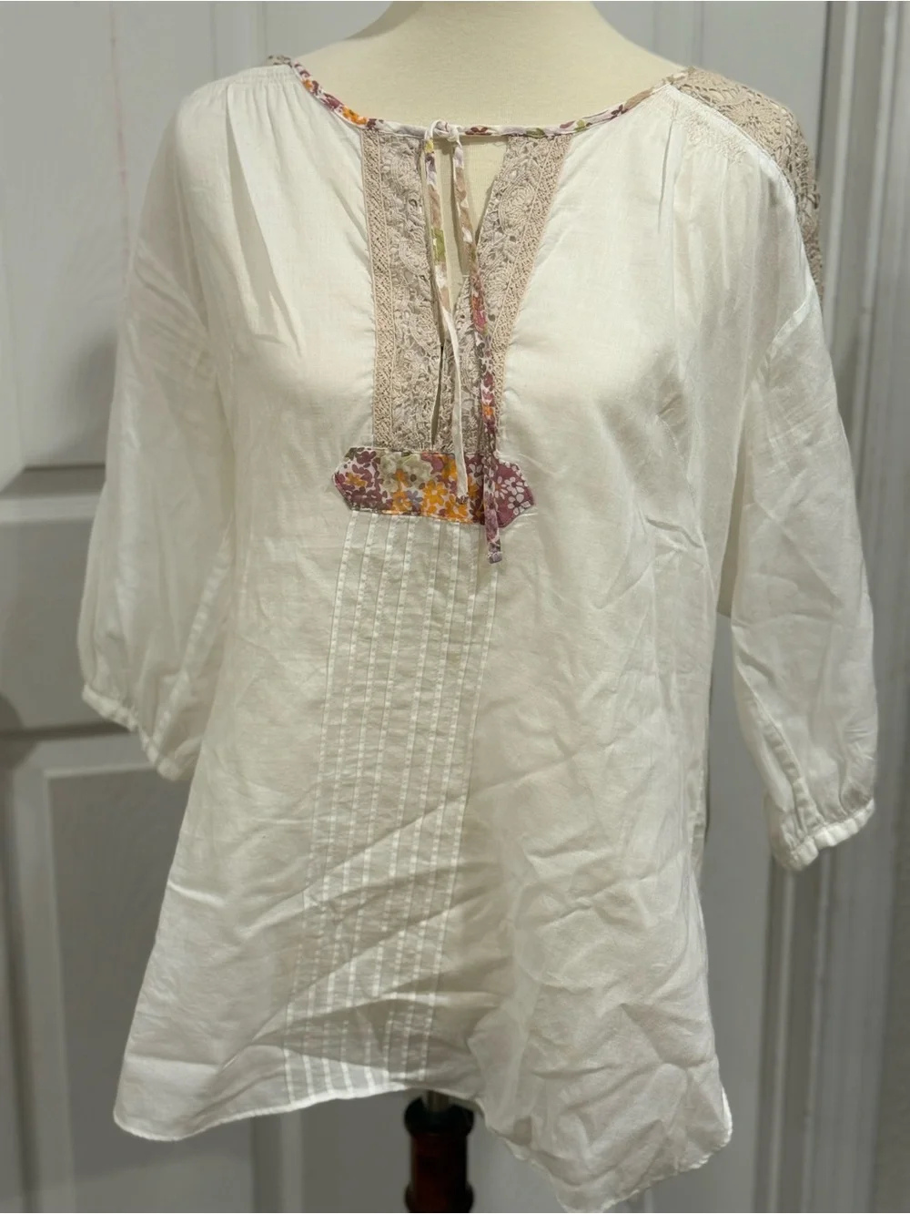 Free People Cream Boho Peasant Tunic with Floral Trim